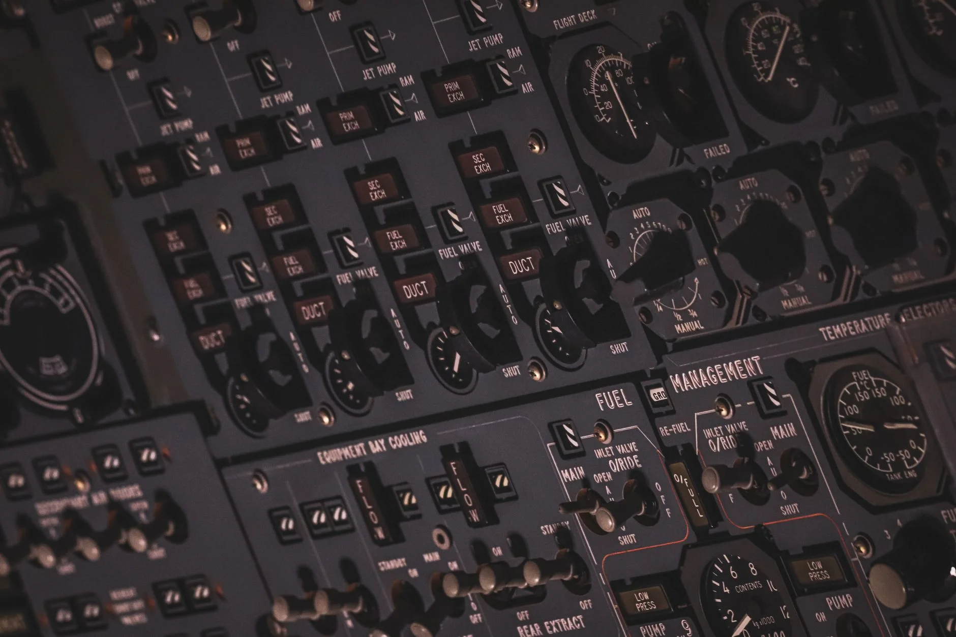 Detail view of an aircraft's sophisticated control panel with instruments and switches.