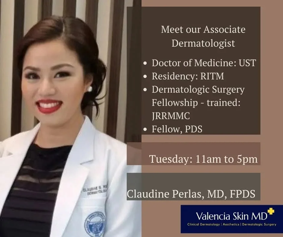 Valencia Skin MD profile poster introducing a second associate dermatologist, with the clinic logo, the doctor's portrait and clinic-day schedule details