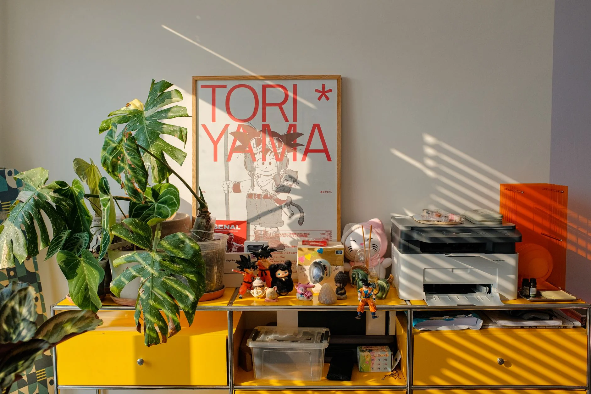 A sunlit workspace with houseplants and a printer in natural light.