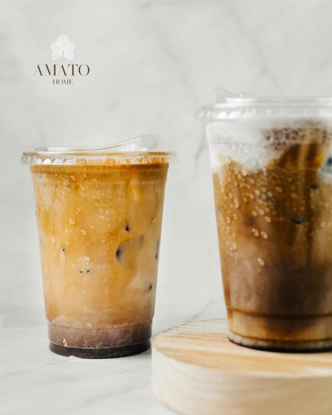 Iced coffees served on wooden coasters