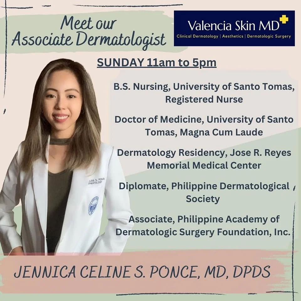 Valencia Skin MD profile poster introducing an associate dermatologist, with the clinic logo, the doctor's portrait and clinic-day schedule details